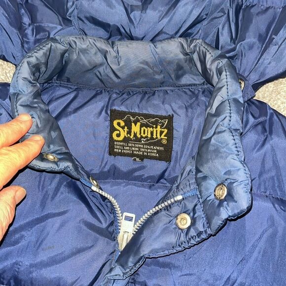 Vintage St Moritz Ski Team Down Feathers Insulated Hooded Parka Jacket XL Blue - Picture 2 of 13